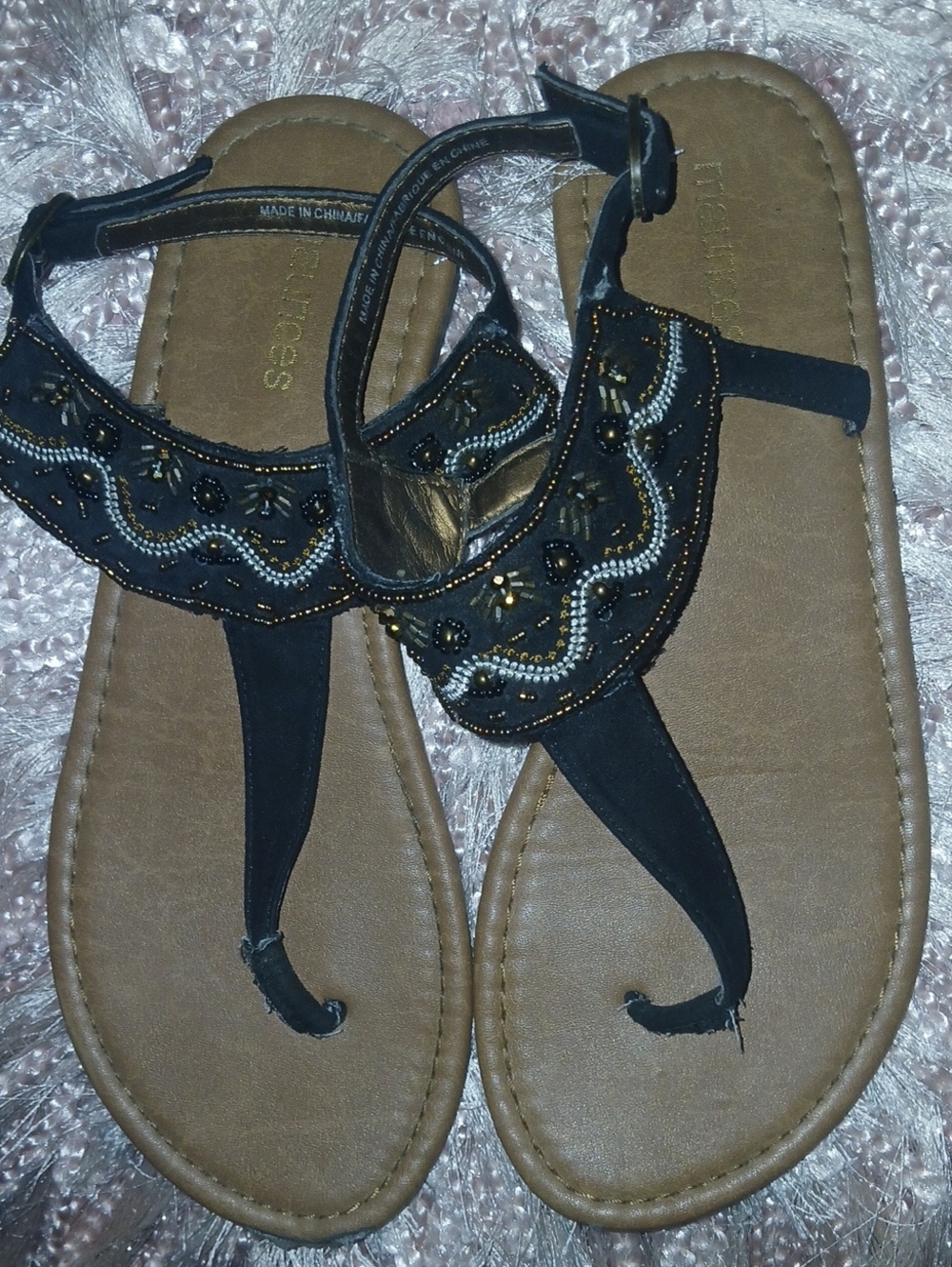 Maurices Black & Gold Beaded T-Strap Sandals